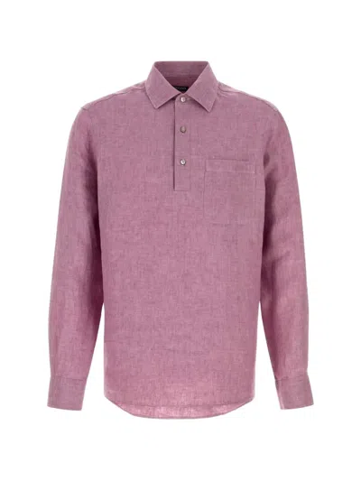 Zegna Slim Fit Linen Shirt With French Collar And Patch Pocket In Multi