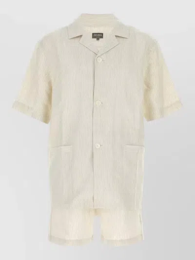 Zegna Linen Pyjama Shirt Shorts Striped Collar In Neutral