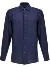 Zegna Linen Shirt With Chest Pockets And Point Collar In Navy