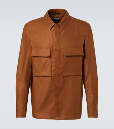Zegna Oasi Lino Overshirt In Brown