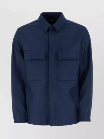 Zegna Linen Shirt With Chest Pockets And Point Collar In Blue