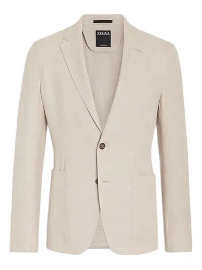 Zegna Linen Single-breasted Blazer In Brown