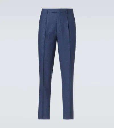 Zegna Linen Slim Pants In Blue