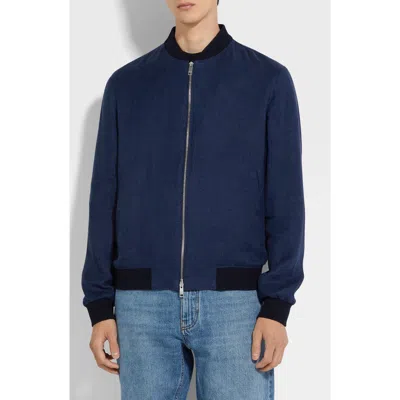 Zegna Linen Twill Bomber Jacket In Blue