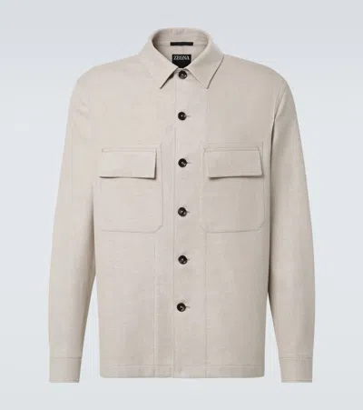 Zegna Linen, Wool, And Silk-blend Overshirt In Dark Taupe