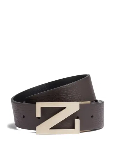 Zegna Grained Leather Reversible Belt In Dark Brown