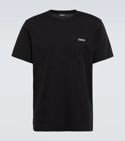 Zegna Blue Navy Cotton Logo T-shirt In Black