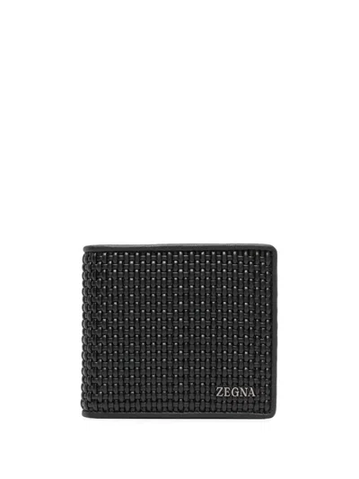 Zegna Logo-detail Woven Leather Wallet In Black
