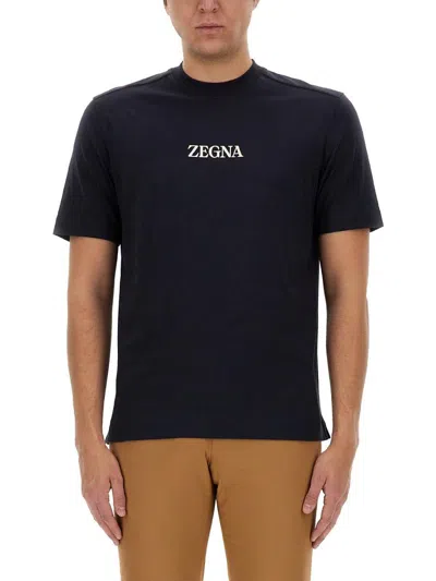 Zegna Logo Detailed Crewneck T-shirt In Blue