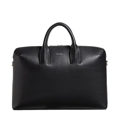 Zegna Logo Detailed Top Handle Briefcase In Black