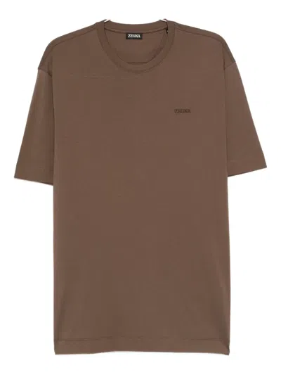 Zegna Logo-embroidered Crew-neck T-shirt In Brown