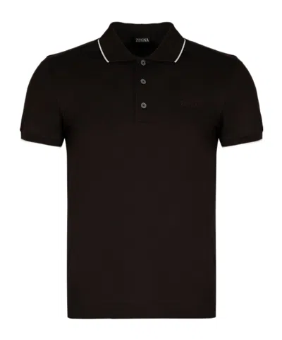 Zegna Logo Embroidered Short Sleeved Polo Shirt In Black