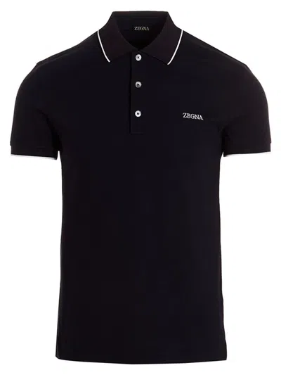 Zegna Logo Embroidery  Shirt Polo Blue In Black