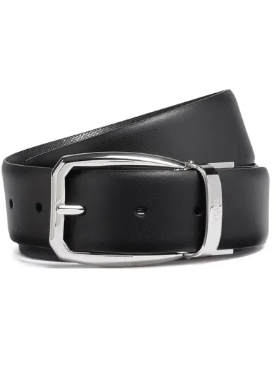 Zegna Black Leather And Black Batavia Engraved Leather Reversible Belt