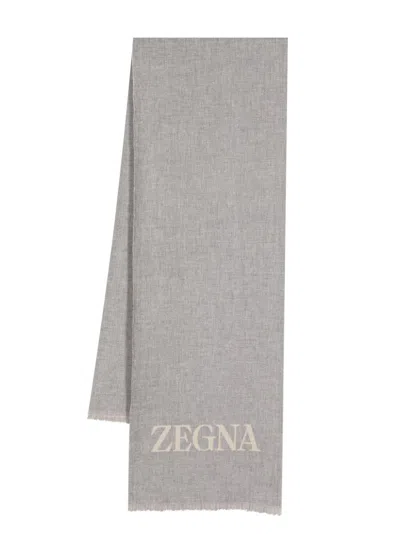 Zegna Logo-jacquard Frayed Scarf In Grey