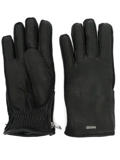 Zegna Logo-lettering Leather Gloves In Black