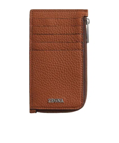 Zegna Logo Lettering Zipped Wallet In White