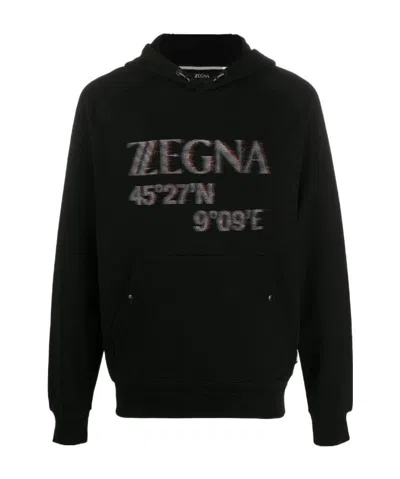 Zegna Logo Long-sleeved Printed Hooded Sweater In Black
