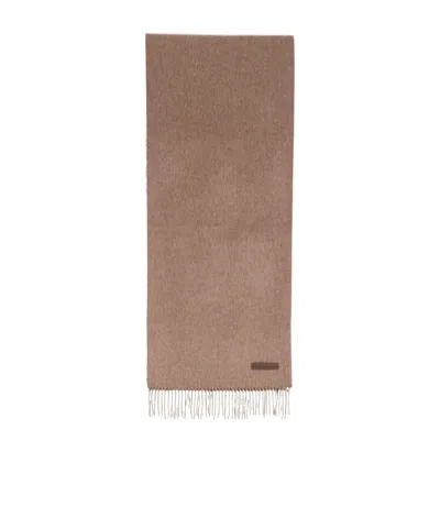 Zegna Logo Patch Fringed Scarf In Brown