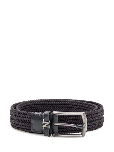 Zegna Logo Plaque Braided Belt In Black