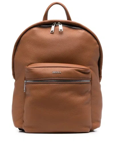 Zegna Logo-plaque Leather Backpack In Brown