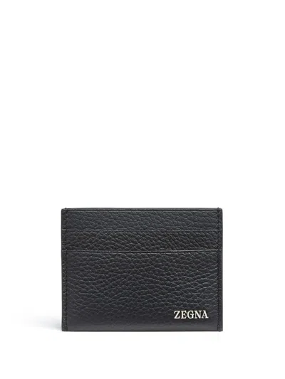 Zegna Logo-lettering Deerskin Cardholder In Schwarz