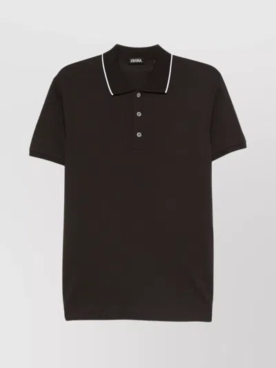 Zegna Logo Polo Shirt With Knit Collar And Cuffs In Brown