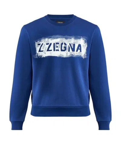 Zegna Logo Printed Long-sleeved Sweater In Blue