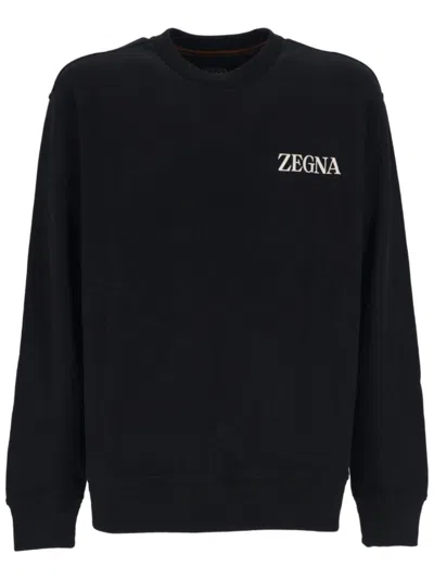 Zegna Logo Prrinted Crewneck Sweatshirt In Blue