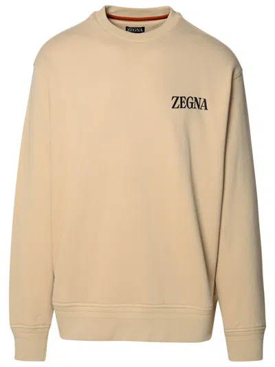 Zegna Logo Prrinted Crewneck Sweatshirt In Beige