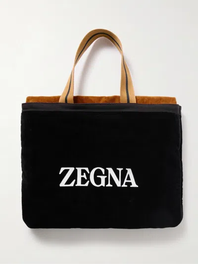 Zegna Logo-embroidered Cotton-terry Beach Towel Tote Bag In Black