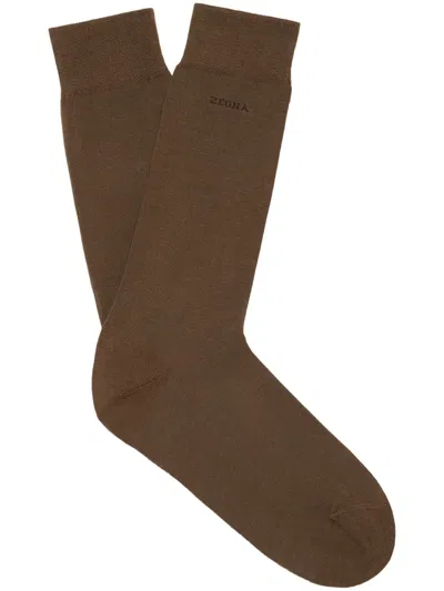 Zegna Logo-intarsia Socks In Brown