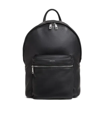 Zegna Logo-plaque Leather Backpack In Purple