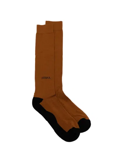 Zegna Logo-print Colour-block Socks In Brown