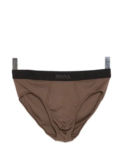 Zegna Logo-waistband Ribbed Briefs In Brown