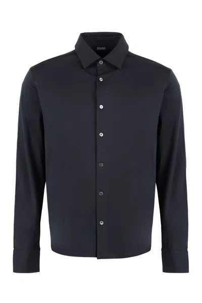 Zegna Navy Blue Pure Cotton Jersey Long-sleeve Shirt