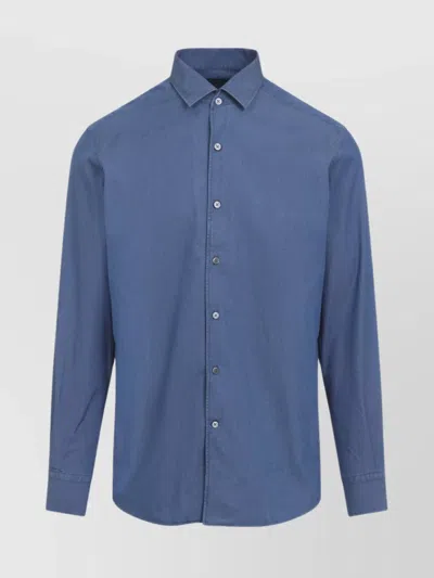 Zegna Long Sleeve Denim Shirt With Button-down Collar In Blue