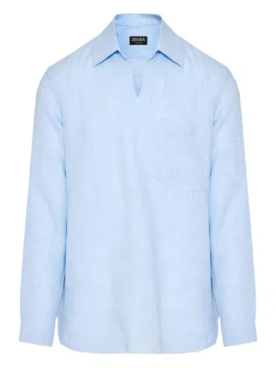 Zegna Long-sleeve Linen Shirt In Blue