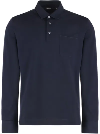 Zegna Men's Long Sleeve Cotton Polo Shirt In Blue
