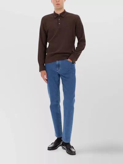 Zegna Long Sleeve Polo Shirt With Ribbed Cuffs In Brown