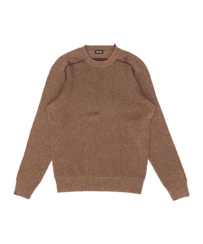 Zegna Long-sleeved Crew Neck Sweater In Brown