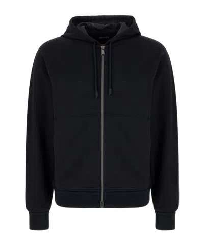 Zegna Zip-fastening Hooded Sweatshirt In Blue
