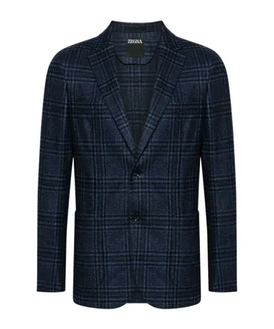Zegna Long-sleeved Suit Coat In Navy Blue