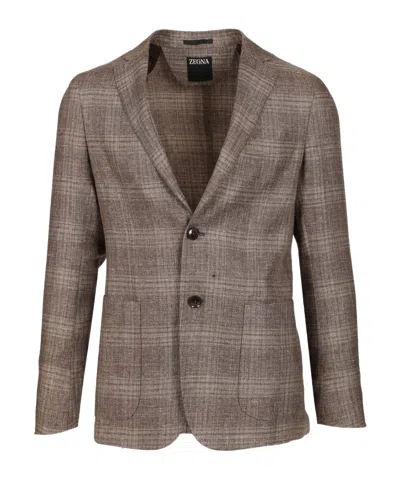 Zegna Long-sleeved Suit Jacket In Brown