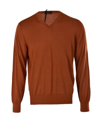 Zegna Long-sleeved V-neck Sweater In Brown