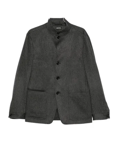 Zegna Il Conte Leather-trimmed Oasi Cashmere Overshirt In Black
