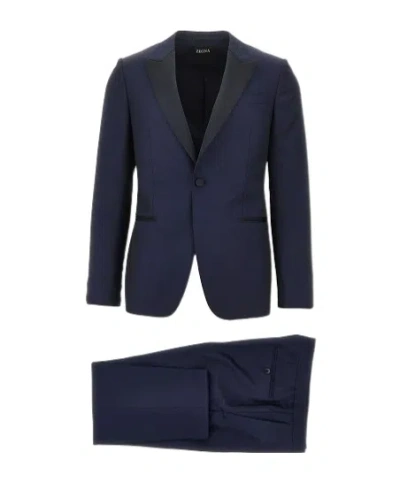 Zegna Long-sleeved Suit Jacket And Trousers Two-piece Set In Blue