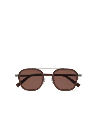 Zegna Dark Brown Orizzonte I Metal Acetate And Leather Sunglasses