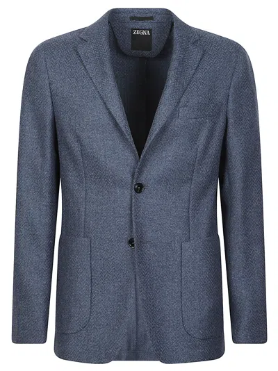 Zegna Lux Tailoring Herringbone Notch Lapel Wool-blend Blazer In Blue