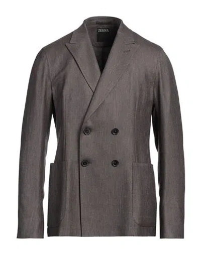 Zegna Double-breasted Twill Blazer In Brown